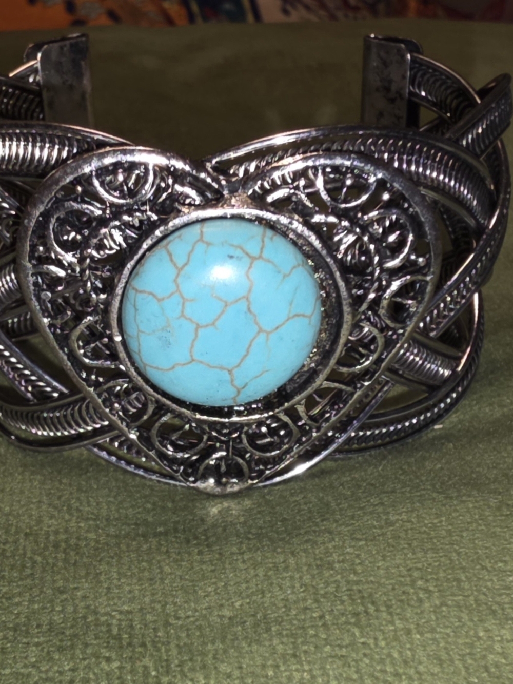Source Unknown Silver Heart Cuff Bracelet with Turquoise Cabochon